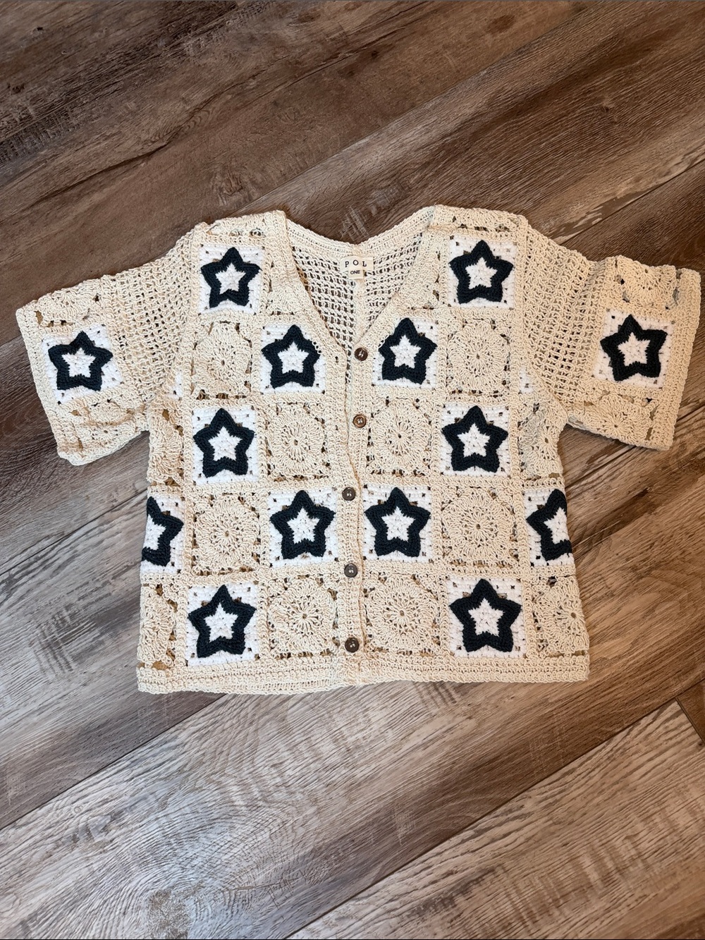 NWOT POL Cream Crochet Button-Up Top with Navy Star Motifs